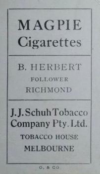 1921 J.J.Schuh Magpie Cigarettes Victorian League Footballers #NNO Barney Herbert Back